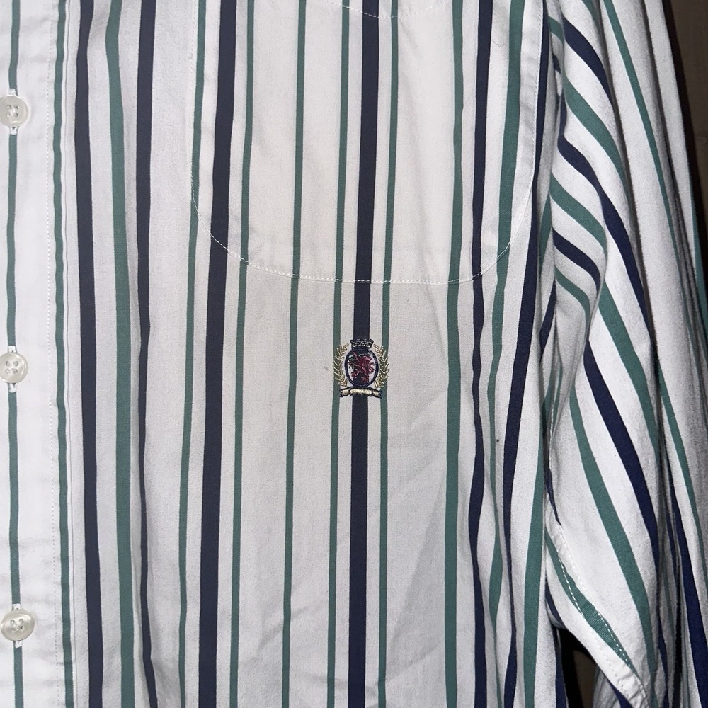 Vintage 1990s Tommy Hilfiger Embroidered Crest StripeButton-Up Shirt Men's Large - Picture 4 of 11